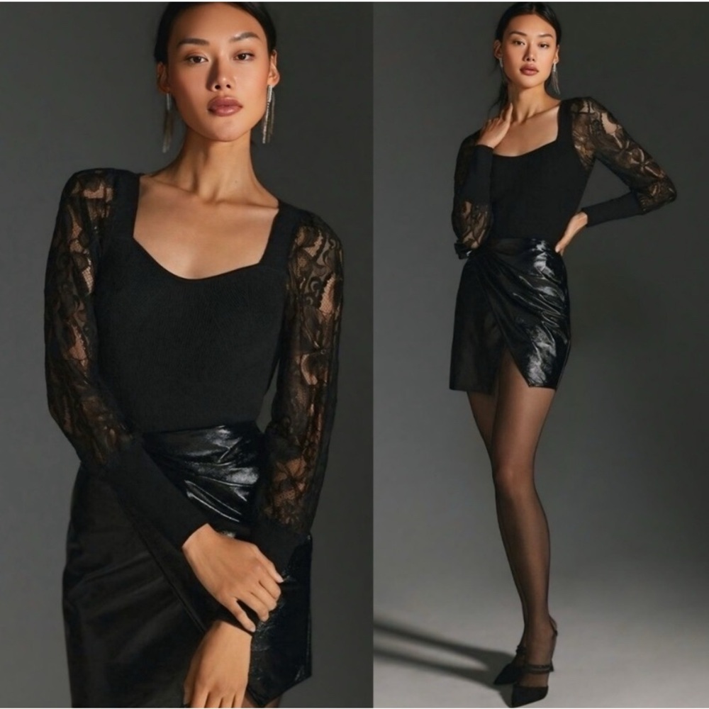 ANTHROPOLOGIE Black Ribbed Knit Sweater With Lace Sleeves Size 1X